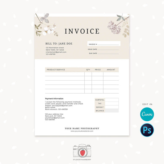 Invoice template, Printable invoice, Photography invoice, Canva, Photoshop, Business invoice, Receipt template, Photography forms, C03