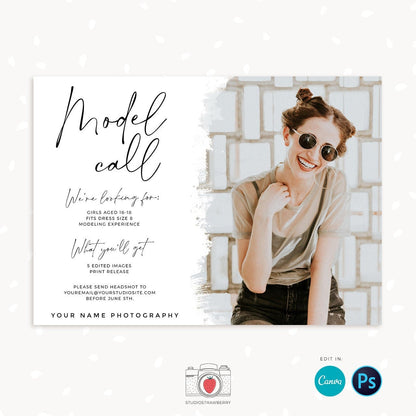 Model Call template, Photography casting call, Photography Model Call Template, Photography Model Call, Canva template, Photoshop template