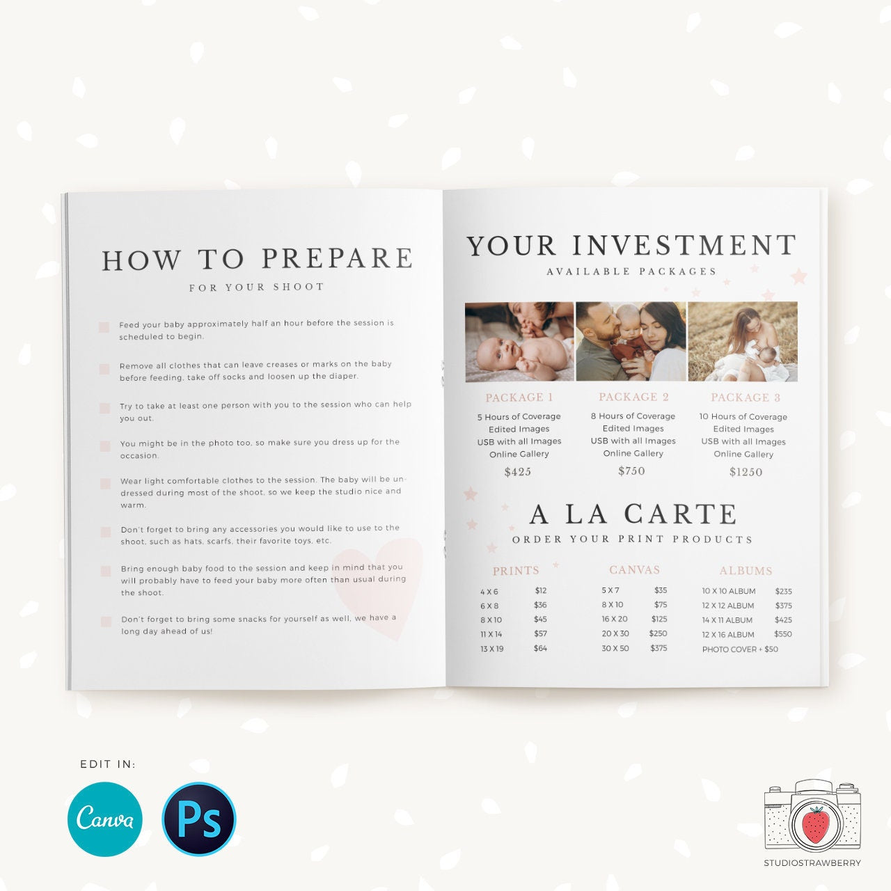 Newborn Photography Magazine, Canva, Photoshop, 10 pages, Newborn Marketing, Newborn Magazine Template, Newborn photographer, Newborn flyer