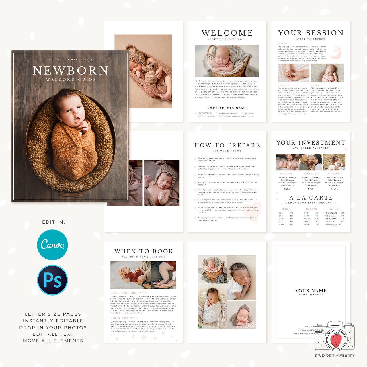 Newborn Photography Magazine, Canva, Photoshop, 10 pages, Newborn Marketing, Newborn Magazine Template, Newborn photographer, Newborn flyer