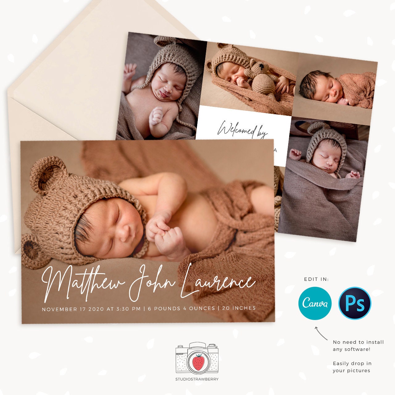 Birth announcement template, Canva, Newborn announcement template, newborn photography template, baby announcement template, social media