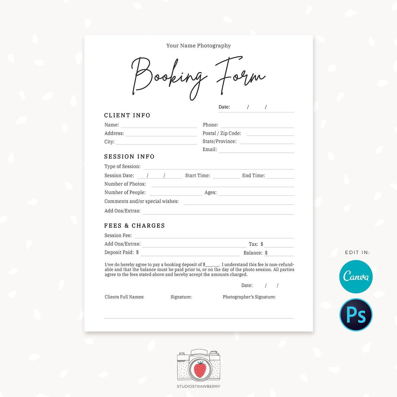 Photography Forms, Client Booking Form For Photographer, Canva, Photoshop, Template for Photographers, Photography Contract, Signup form C04