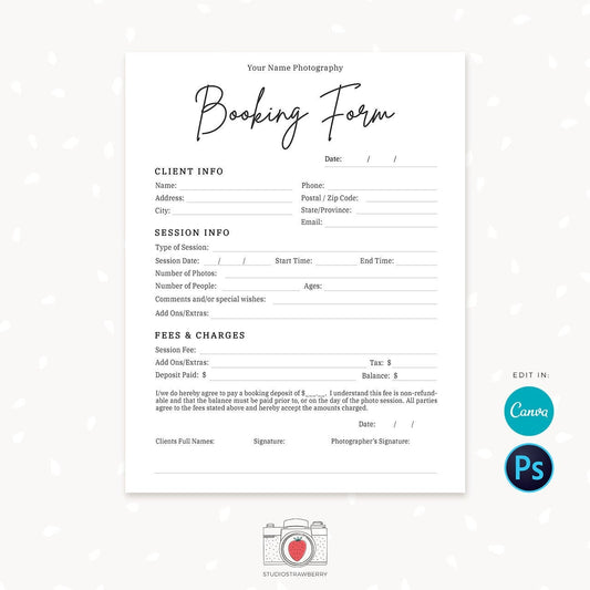Photography Forms, Client Booking Form For Photographer, Canva, Photoshop, Template for Photographers, Photography Contract, Signup form C04