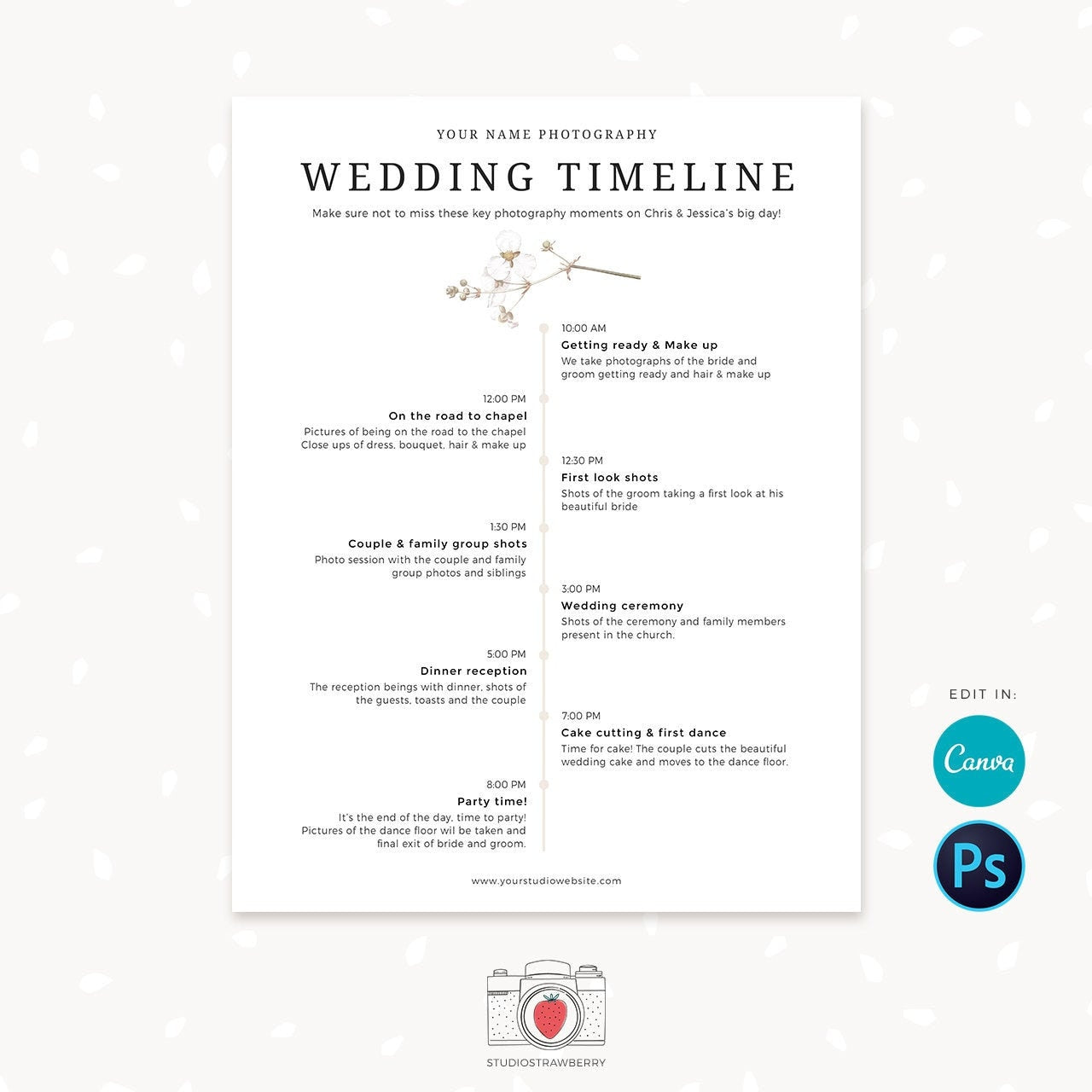 Wedding Photography Timeline Template, Canva, Photoshop, Wedding Photographer Timeline, Wedding Day Timeline, Wedding Schedule Template, C03