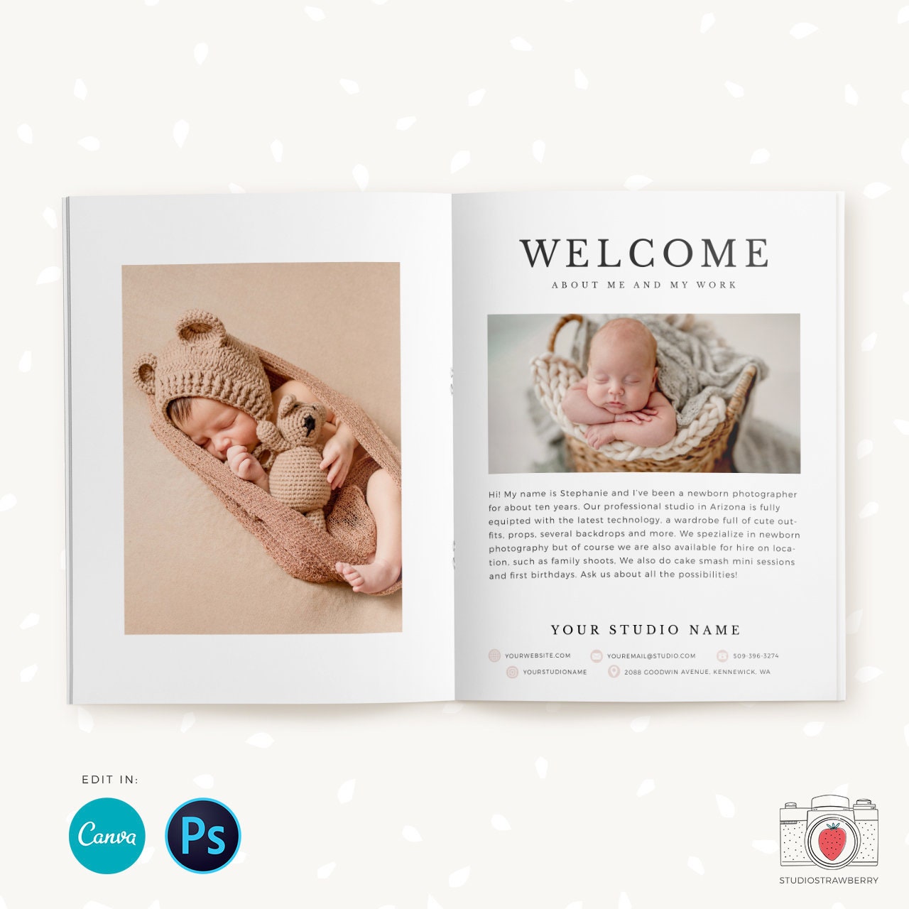 Newborn Photography Magazine, Canva, Photoshop, 10 pages, Newborn Marketing, Newborn Magazine Template, Newborn photographer, Newborn flyer