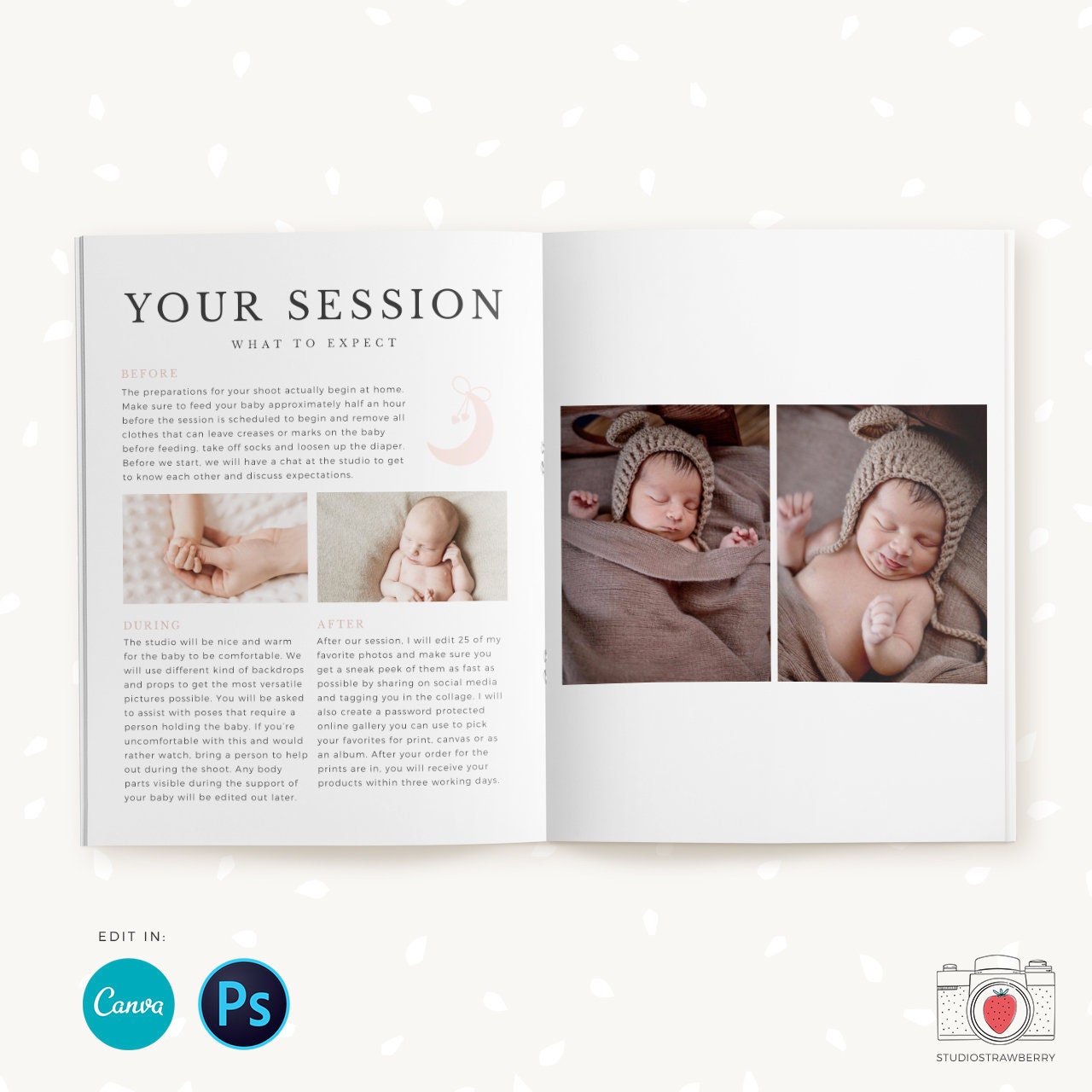 Newborn Photography Magazine, Canva, Photoshop, 10 pages, Newborn Marketing, Newborn Magazine Template, Newborn photographer, Newborn flyer