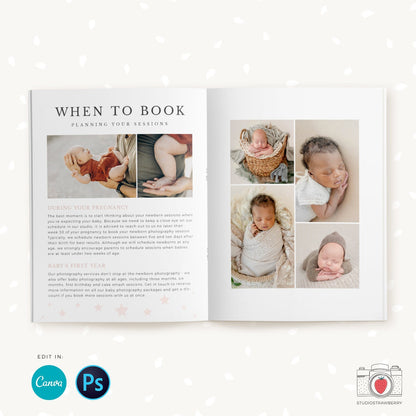 Newborn Photography Magazine, Canva, Photoshop, 10 pages, Newborn Marketing, Newborn Magazine Template, Newborn photographer, Newborn flyer