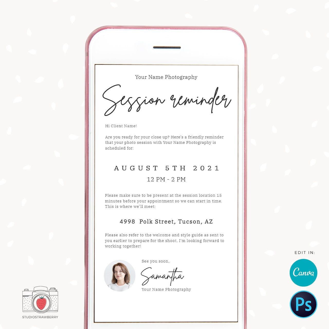 Session reminder email newsletter template for photographers, Canva, Photoshop, Email Newsletter Template, Photo session reminder template