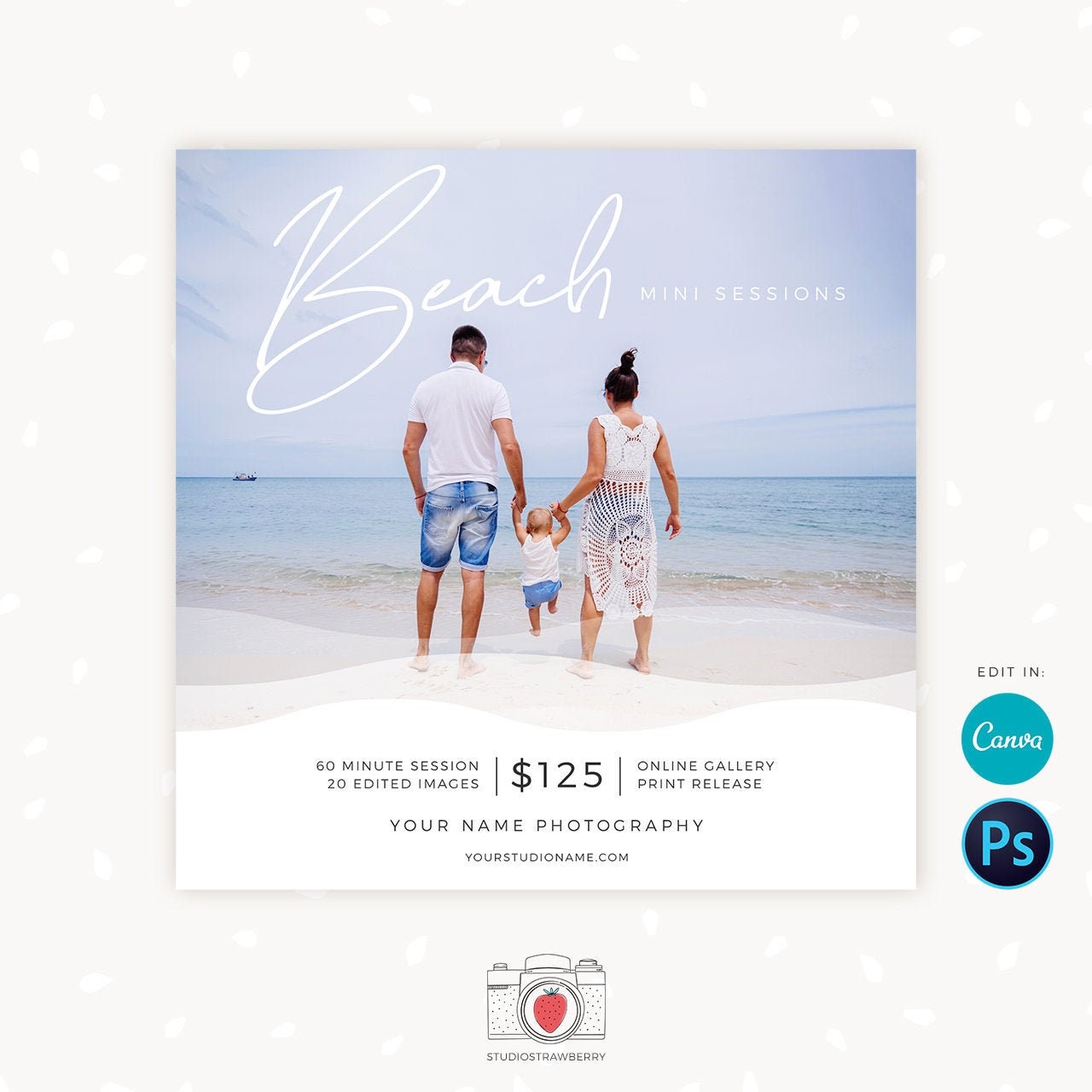 Beach mini session template, Beach minis, Canva, Summer mini sessions, Sea Mini sessions, Photographers, Marketing board, Photoshop template