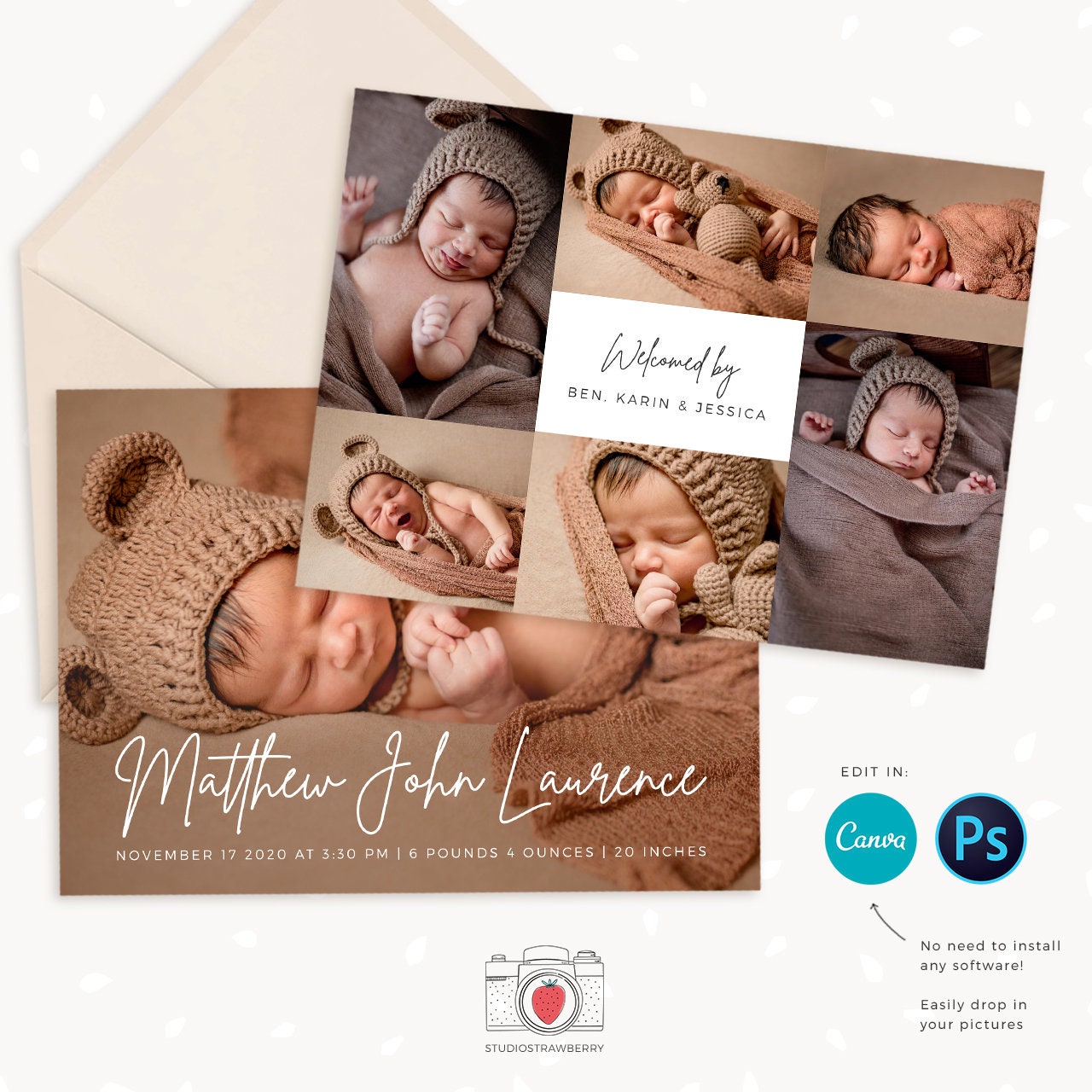 Birth announcement template, Canva, Newborn announcement template, newborn photography template, baby announcement template, social media
