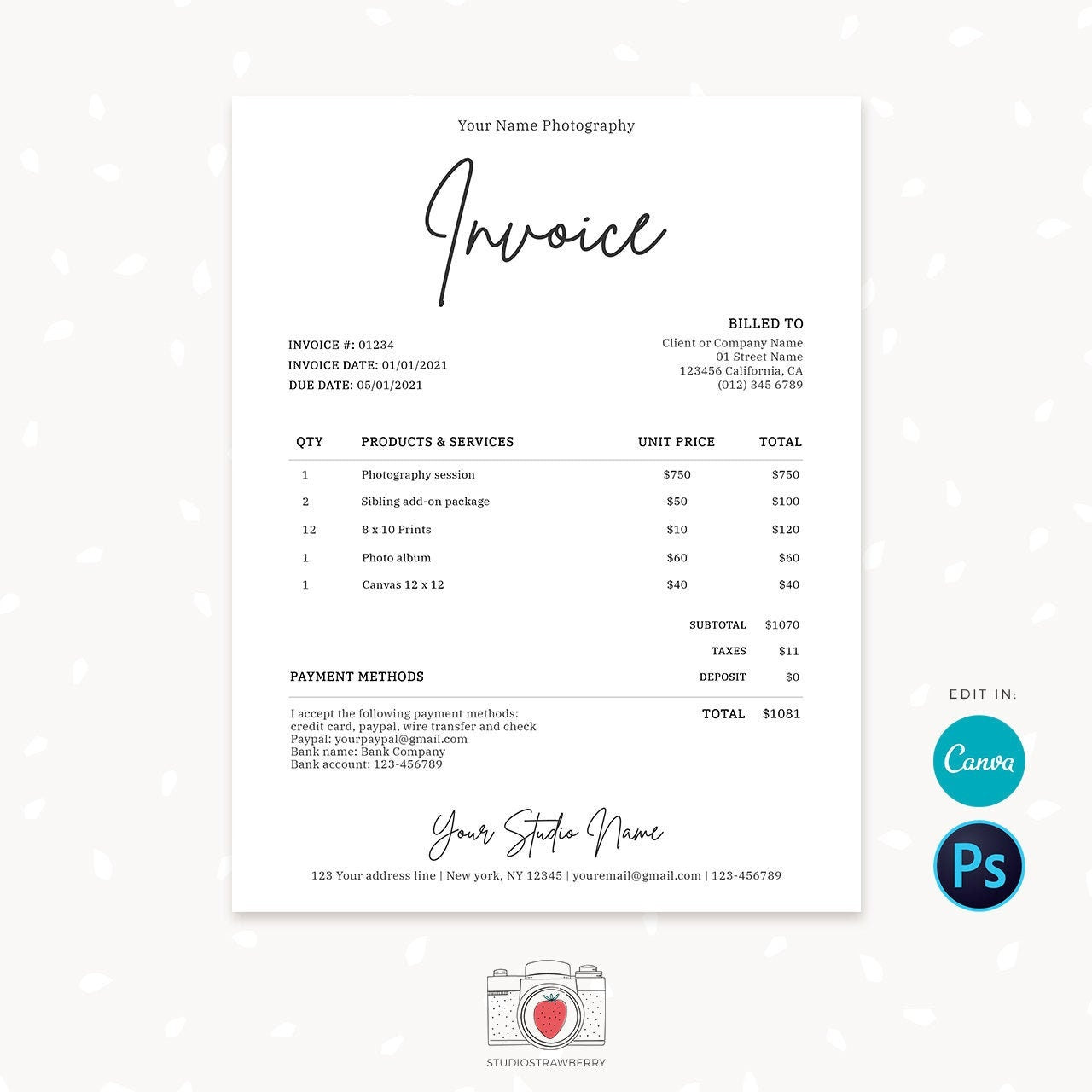 Invoice template, Printable invoice, Photography invoice, Canva, Photoshop, Business invoice, Receipt template, Photography forms, C04