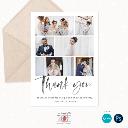 Wedding thank you cards with photo template, Thank You Card Template Canva, Thank You Printable, Collage thank you card template