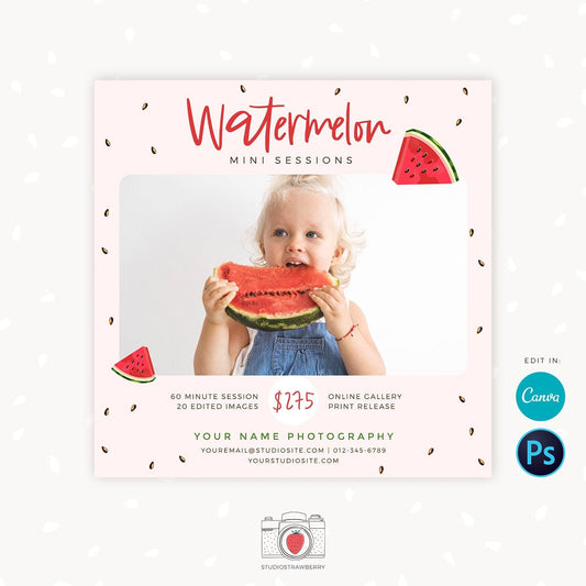 Watermelon Mini Session Template, Canva, Watermelon Mini Sessions, Watermelon Marketing Board, Photoshop, Summer Photography Marketing