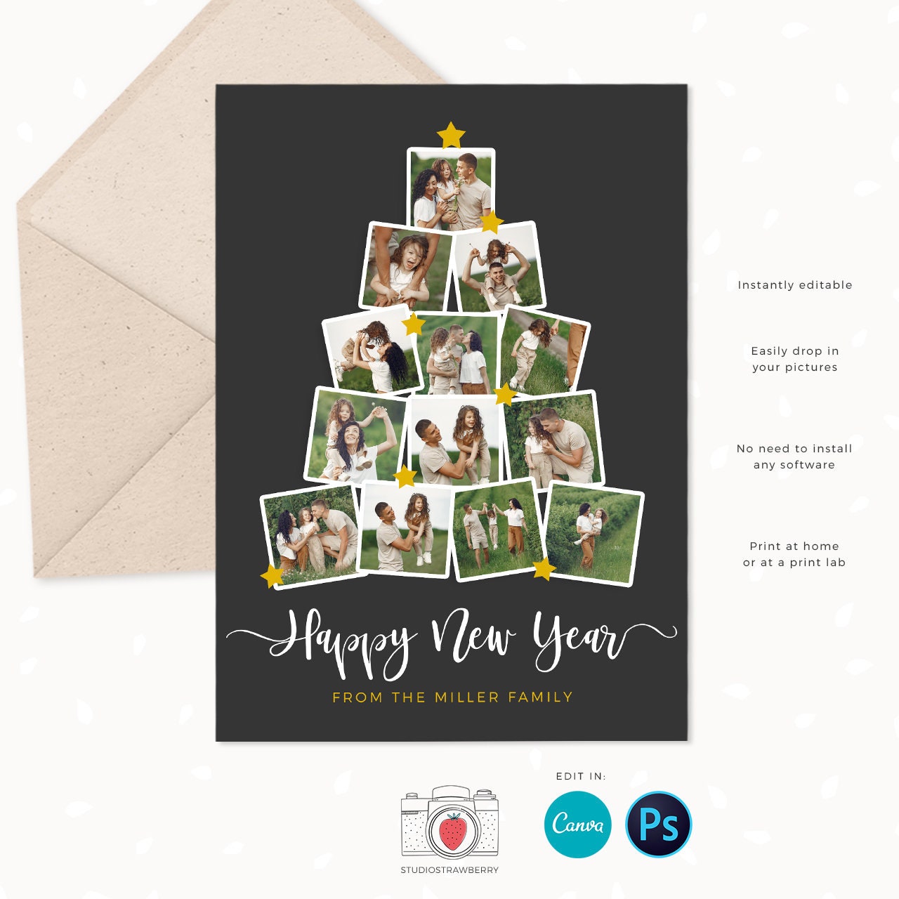 Christmas card template "Christmas tree", Canva, Christmas photo card template, Christmas tree photo collage, Holiday card photo collage