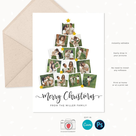 Christmas card template "Christmas tree", Canva, Christmas photo card template, Christmas tree photo collage, Holiday card photo collage