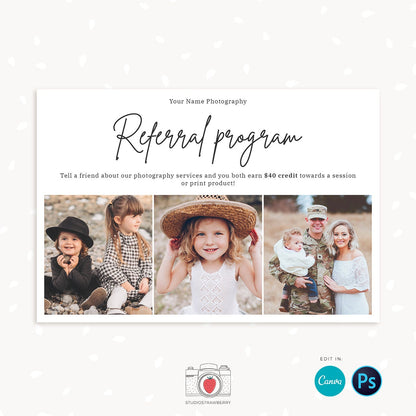 Referral card canva, Referral card template, Referral cards, referral program, tell a friend, word of mouth, referral card for photographers