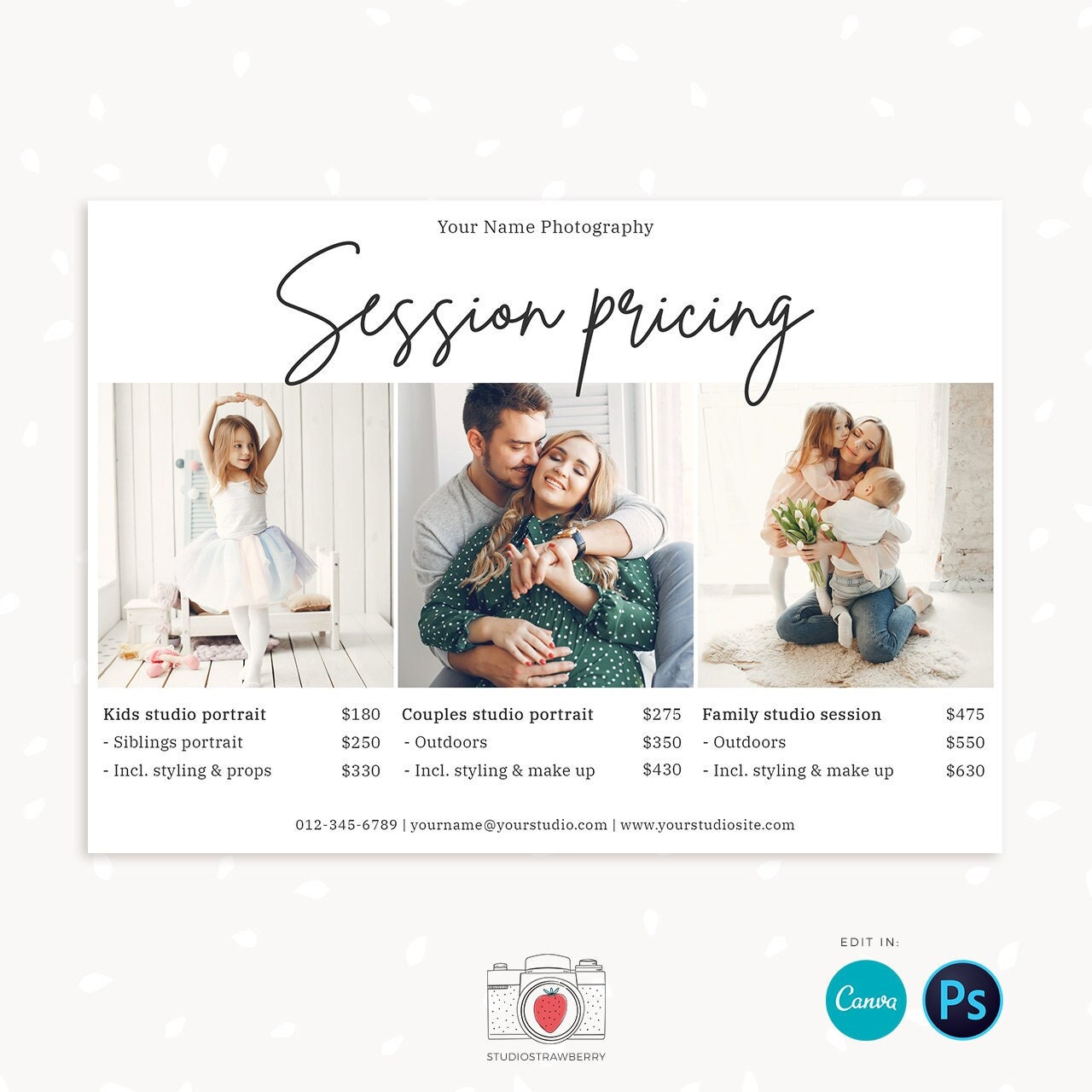 Pricing template for photographers, pricing guide photography template, price list template, photographer pricing package list, Canva, PS