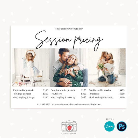 Pricing template for photographers, pricing guide photography template, price list template, photographer pricing package list, Canva, PS