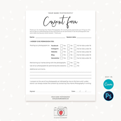 Photography consent form template, Photography permission form template, Social media use, Website use, Publishing permissions clients C01