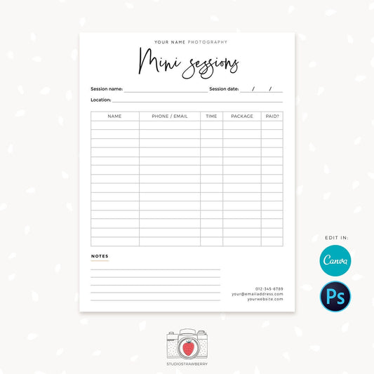 Mini sessions sign up form, Photography Forms, Mini Session Booking Form For Photographer, Mini sessions form, Canva, Registration, C01
