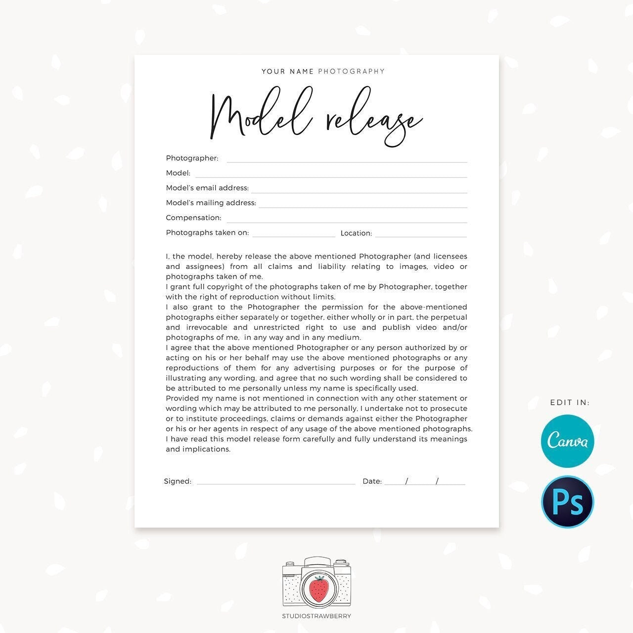 Model Release Form, Photography Forms, Model Release Forms For Photographer, Photography Contract, Templates for Photographers, Canva, C01
