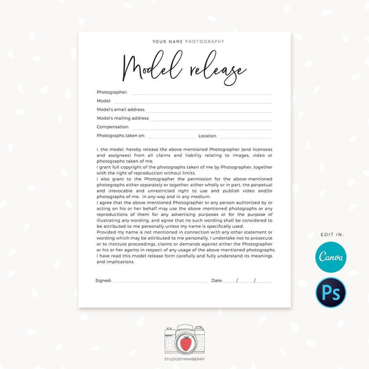 Model Release Form, Photography Forms, Model Release Forms For Photographer, Photography Contract, Templates for Photographers, Canva, C01
