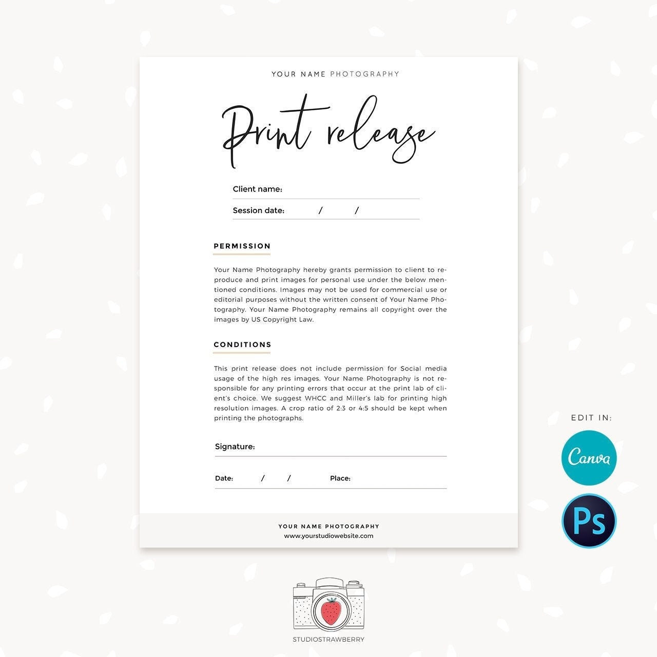 Photo print release form Letter size, Photography Forms, Forms For Photographer, Photography Contract, Print Release template, Canva, C01