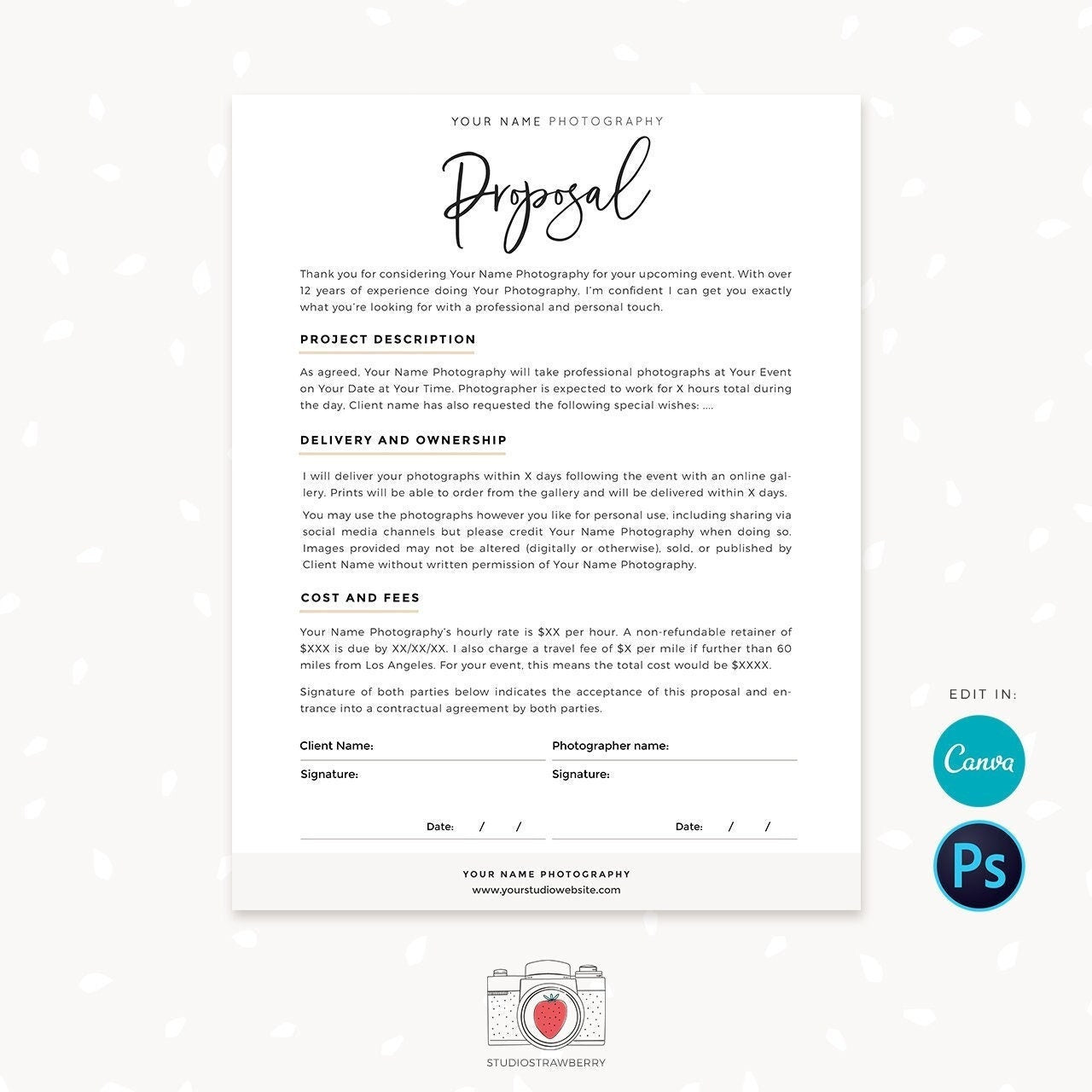 Photographer proposal template, Photography Forms, Forms For Photographer, Photography Contract, Proposal template, Canva template, C01