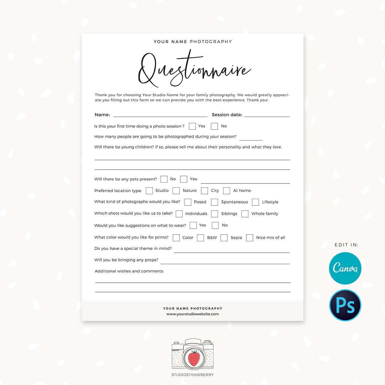 Photography questionnaire template, Family photography questionnaire template, Family questionnaire, Photography Forms, Family sign up, C01