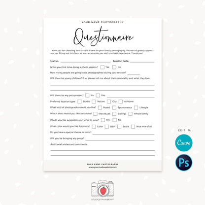 Photography questionnaire template, Family photography questionnaire template, Family questionnaire, Photography Forms, Family sign up, C01