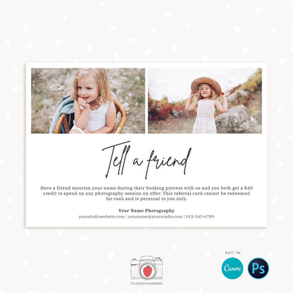 Referral card canva, Referral card template, Referral cards, referral program, tell a friend, word of mouth, referral card for photographers