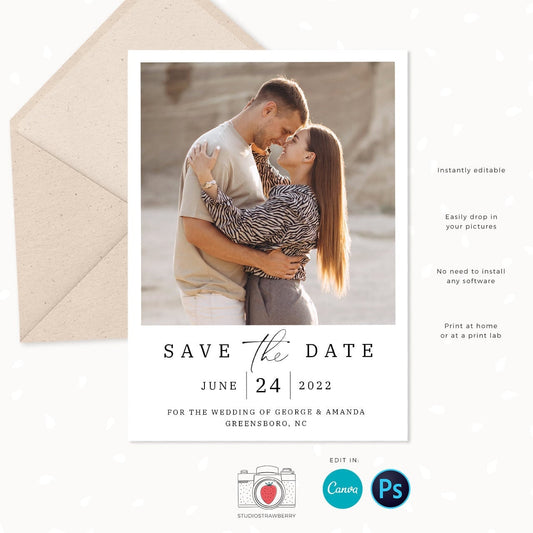 Save the date template with photo, Save the date card, Canva, Wedding announcement template, Save the date template with picture, classic