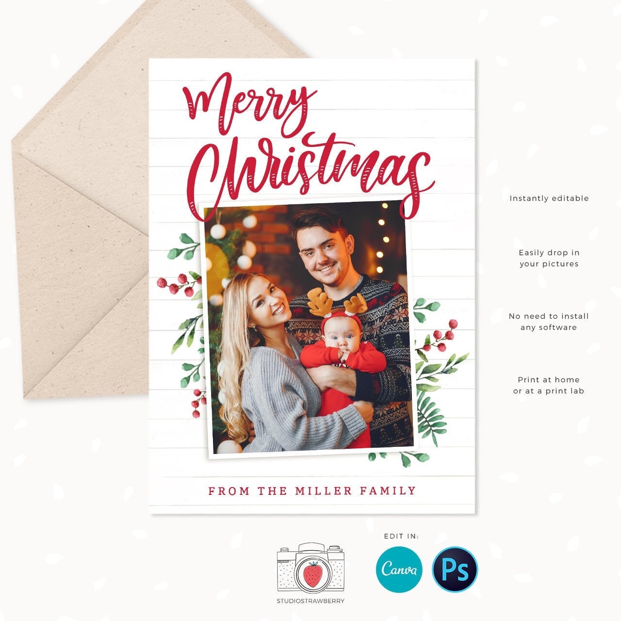 Christmas photo card template, Christmas card template Canva, Christmas card photo collage, Holiday card photo collage template, Xmas card