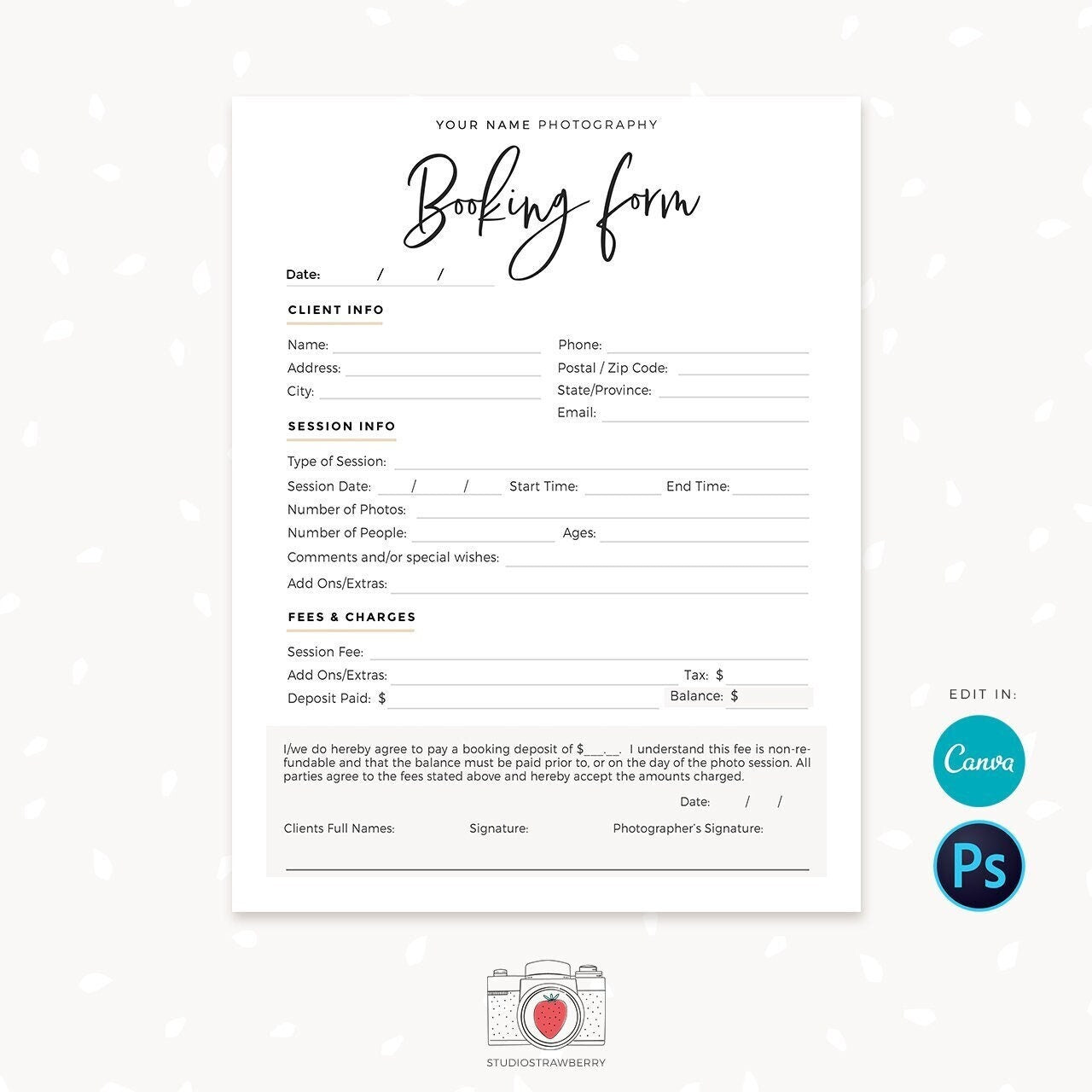 Client Booking Form For Photographer, Canva, Photography Forms, Registration form Canva, Photography Contract, Sign up form template, C01