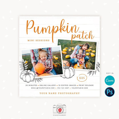 Pumpkin Patch mini sessions template, Canva, Pumpkin mini sessions, Pumpkin stand, Fall Mini Session Template, Photography marketing, Autumn