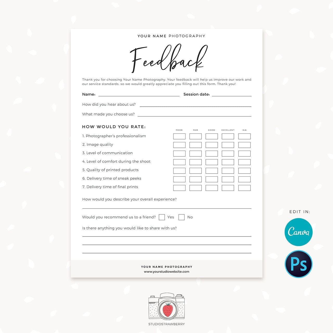 Client Feedback Form For Photographers, Customer survey template, Customer Feedback Form, Photography Forms, Templates for Photographers C01