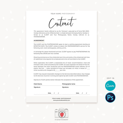 Photographer contract template, Photography Forms, Forms For Photographer, Photography Contract, Contract template, Canva, Photoshop C01