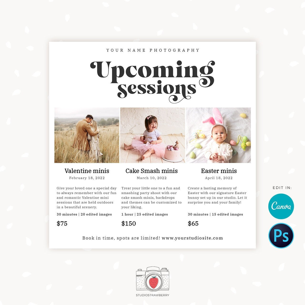 Upcoming sessions photography template, mini sessions calendar card, photography marketing board, session dates overview, sessions schedule