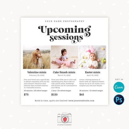 Upcoming sessions photography template, mini sessions calendar card, photography marketing board, session dates overview, sessions schedule