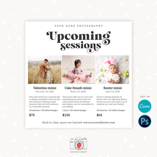 Upcoming sessions photography template, mini sessions calendar card, photography marketing board, session dates overview, sessions schedule