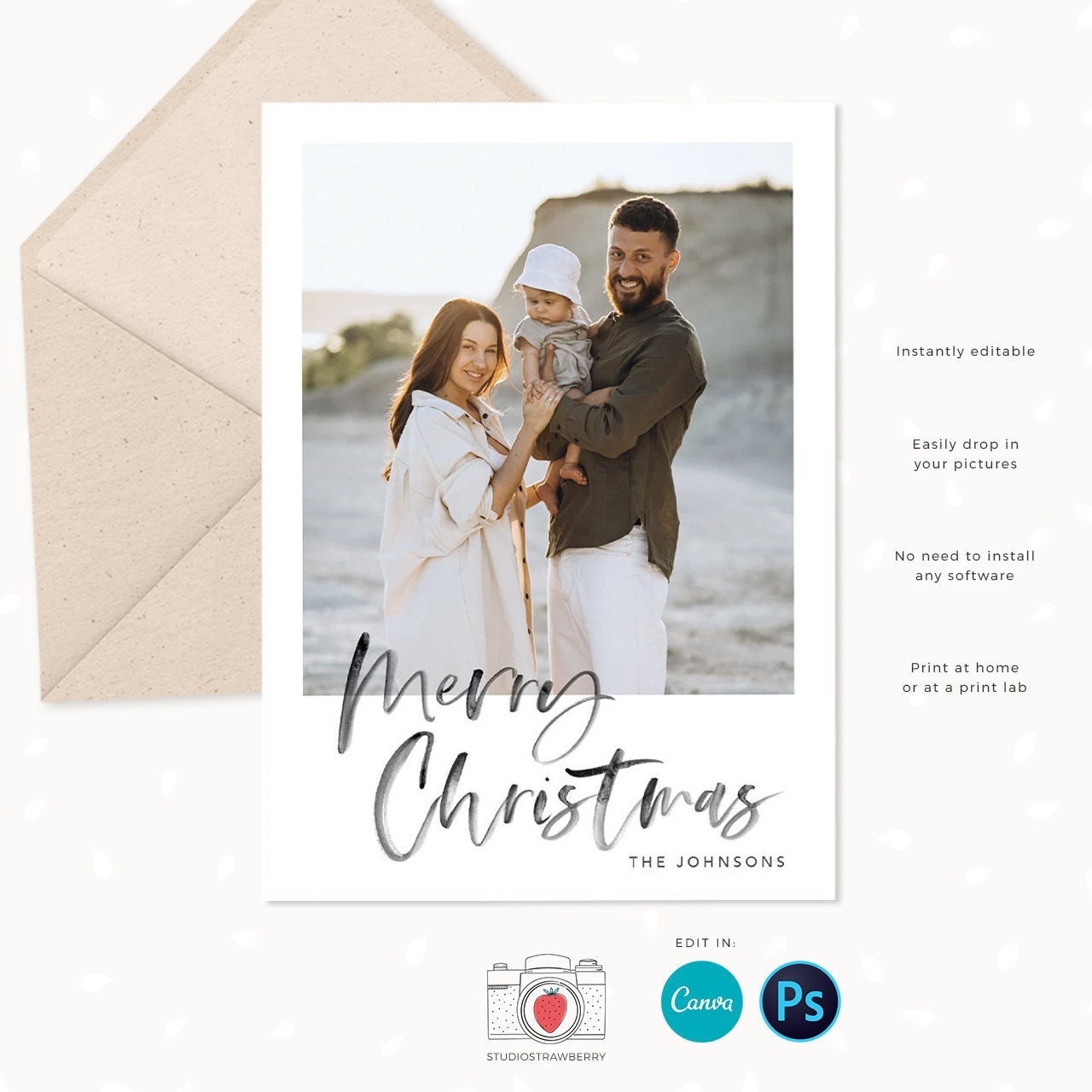 Christmas photo card template "Merry Christmas" & "Happy Holidays", Minimalist Christmas card template, Christmas card Lettering, Canva