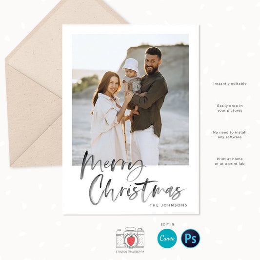 Christmas photo card template "Merry Christmas" & "Happy Holidays", Minimalist Christmas card template, Christmas card Lettering, Canva