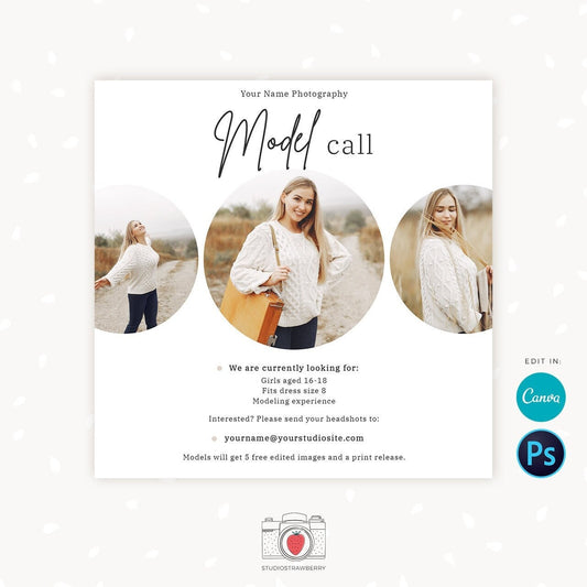 Model Call template, Photography casting call, Photography Model Call Template, Photography Model Call, Canva template, Photoshop template