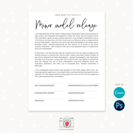 Minor Model Release Form, Photography Forms, Minor Model Release Forms For Photographer, Child Photography Contract, Kids photography, C01
