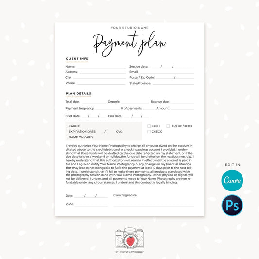 Payment plan templates, Photography Forms, Payment Plan Form For Photographer, Payment plan template Canva, Payment Sign up form, C01