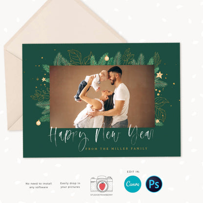 Christmas card template, Canva, Christmas photo card template, Happy holidays card template, Christmas photo cards printable, Green leaves