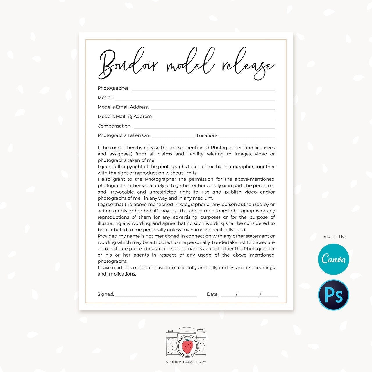 Boudoir Model Release Form, Boudoir Photography Form, Canva, Model Release Forms For Boudoir Photographer, Boudoir Model Release Agreement