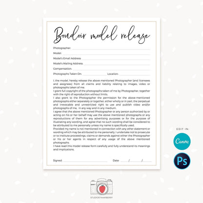 Boudoir Model Release Form, Boudoir Photography Form, Canva, Model Release Forms For Boudoir Photographer, Boudoir Model Release Agreement