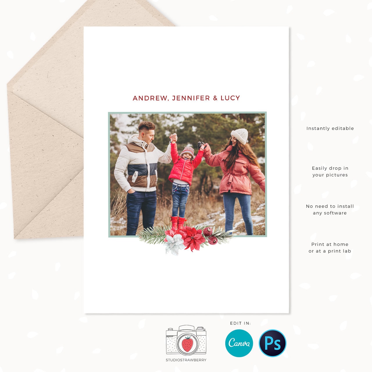 Christmas Card Template Joy, Christmas photo card template, Christmas card printable, Christmas cards photo template, Joy Holiday card Canva