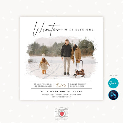 Winter Mini Session Template, Canva, Winter mini sessions, Winter photography template, Winter minis promotion, Winter marketing board